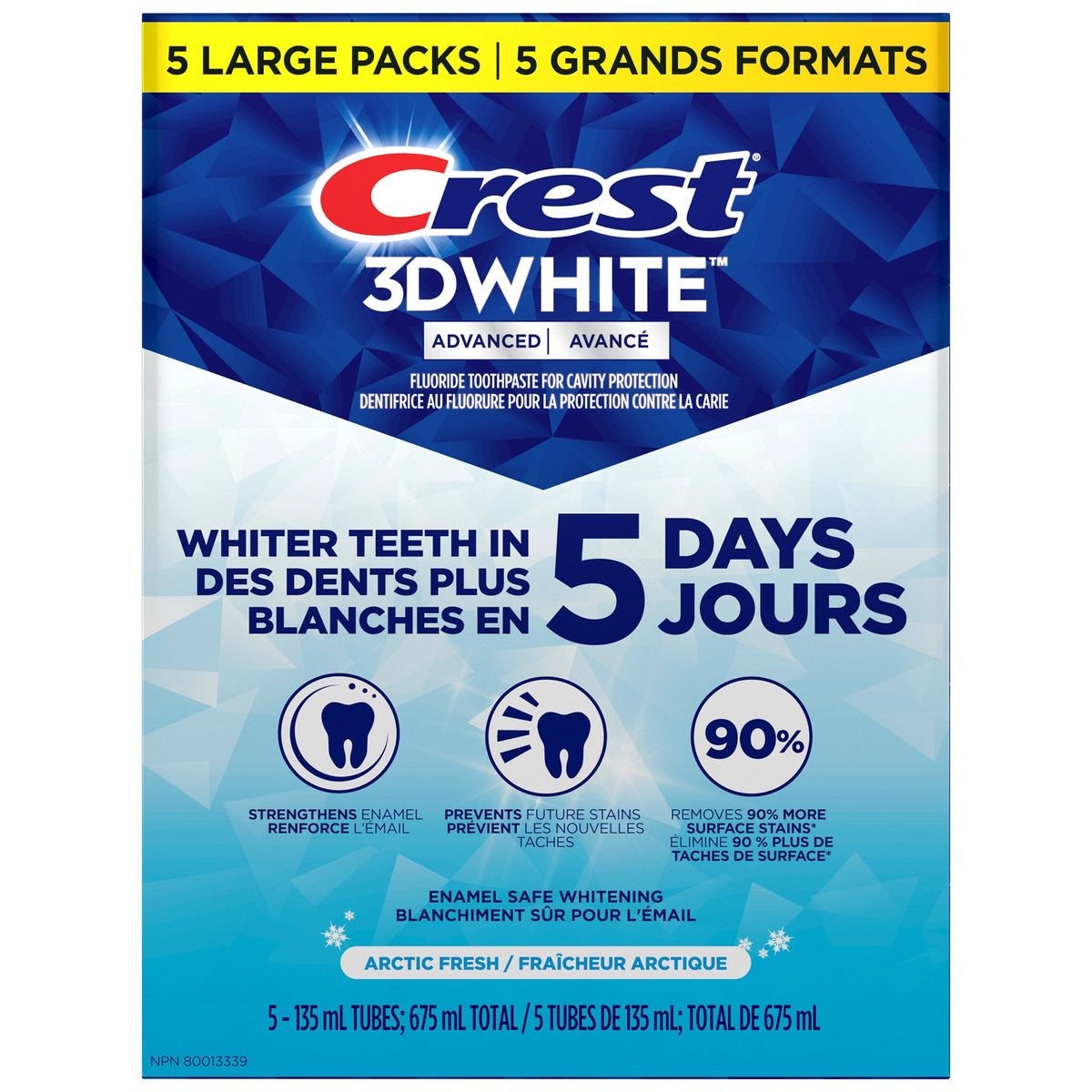 Crest 3D White Advanced, Teeth Whitening Toothpaste Arctic Fresh, 5 x 135 mL