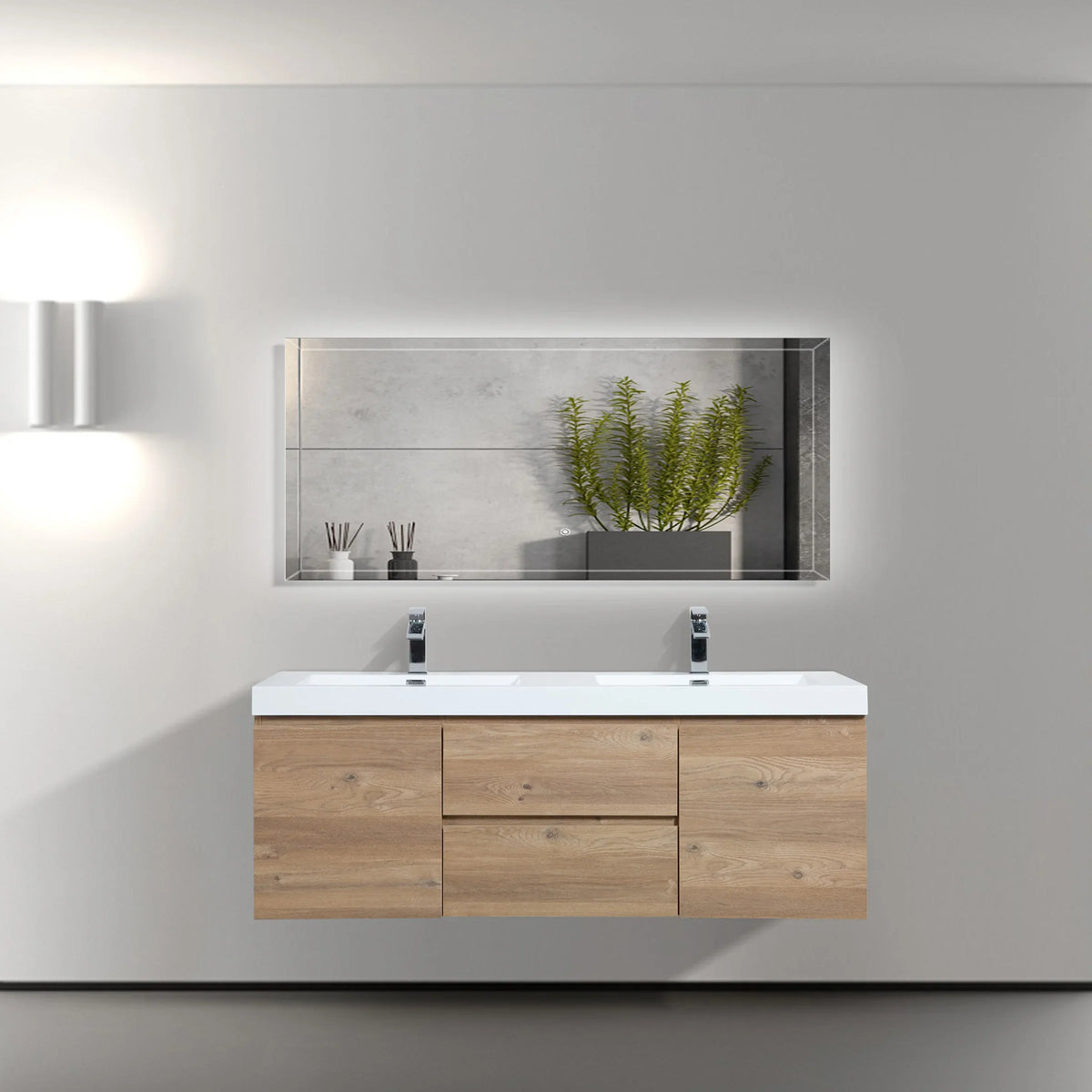 SERA CAPRI Textured Oak Finish Wall-Hung Vanity with Glossy White Polymarble Countertop