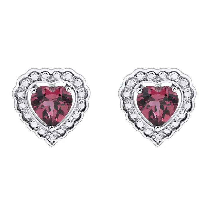 Heart Shaped Rhodolite Garnet and Diamond Earrings (0.01 ctw)