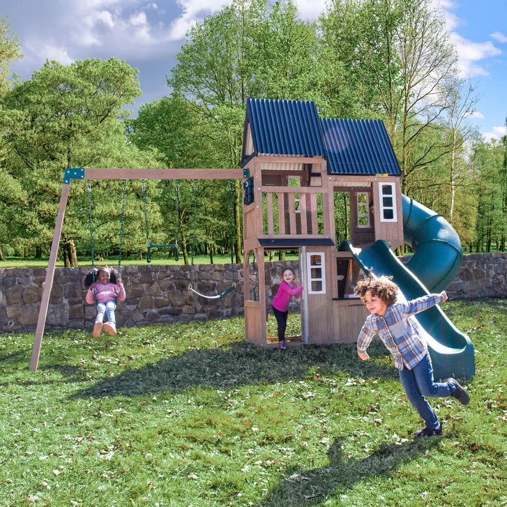 KidKraft Acadia Manor Wooden Outdoor Swing Set with Two Slides