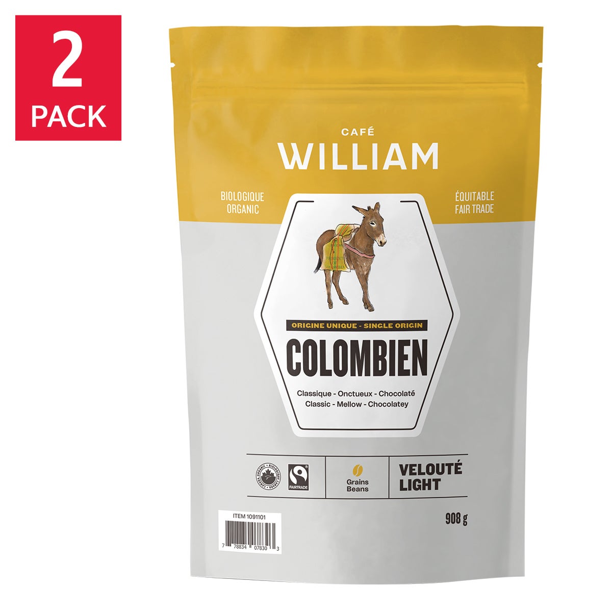 Café William Colombian Light Roast Fairtrade and Organic Whole Bean Coffee, 2-pack