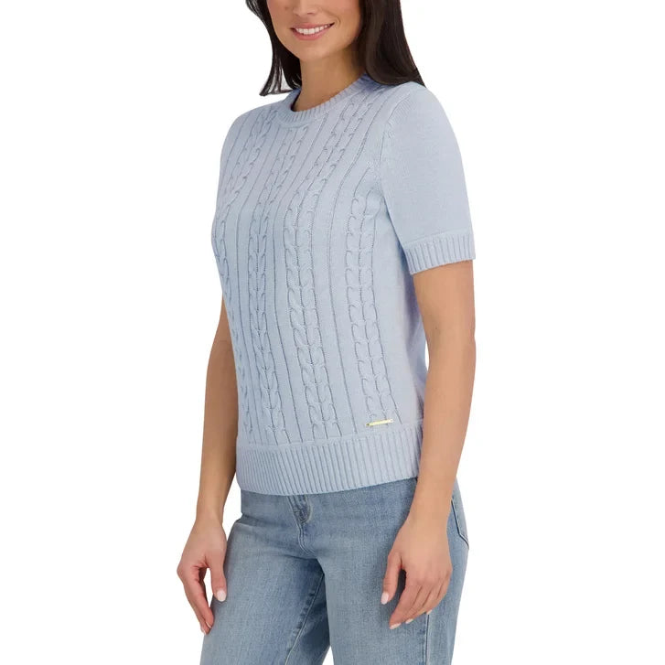Halston Women's Short Sleeve Cotton Cable Sweater