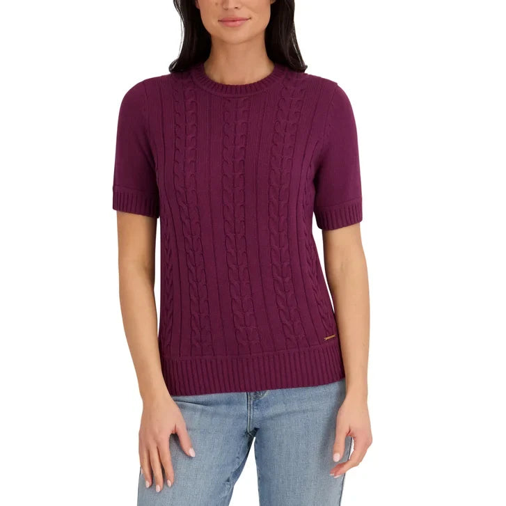 Halston Women's Short Sleeve Cotton Cable Sweater
