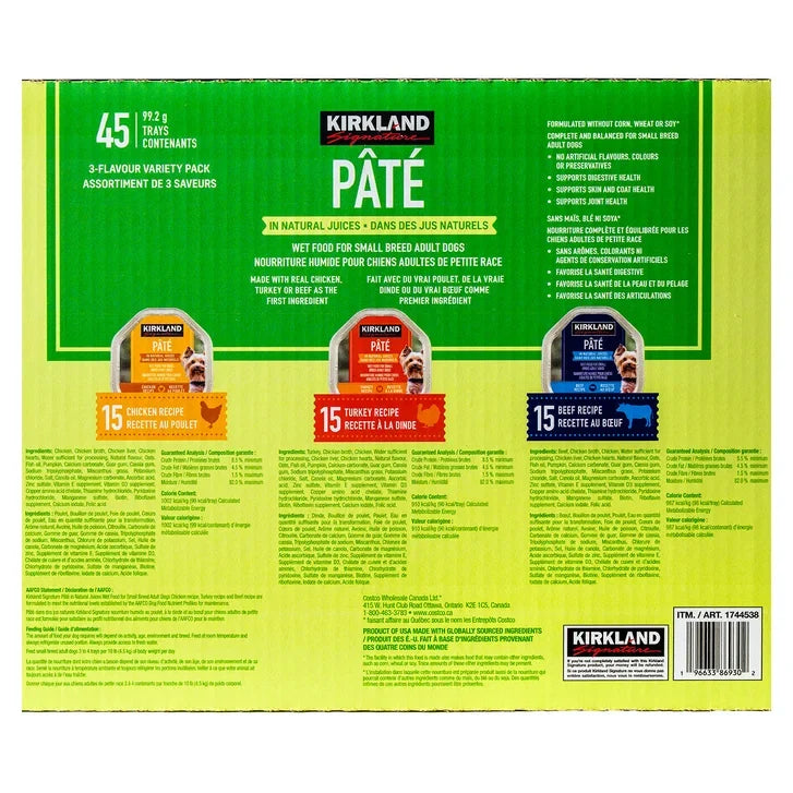 Kirkland Signature Wet Dog Food, Pâté Variety Pack, 45 x 99 g