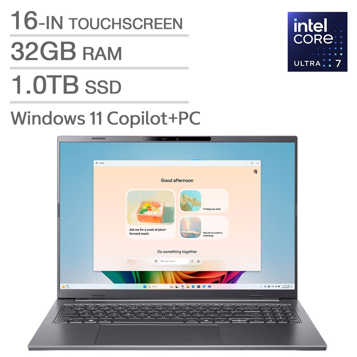 Acer Aspire 16 AI Copilot+ PC, 16.0-in Touchcreen laptop, Intel Core Ultra 7 258V – 32GB RAM, 1TB SSD