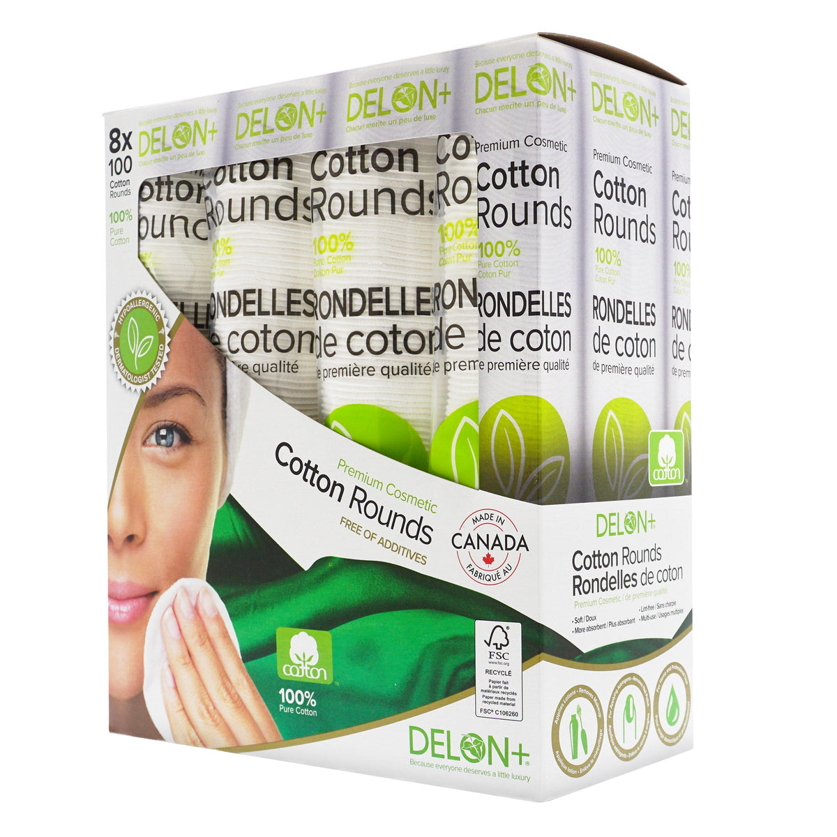 Delon Premium Cosmetic Cotton Rounds, 8-pack of 100