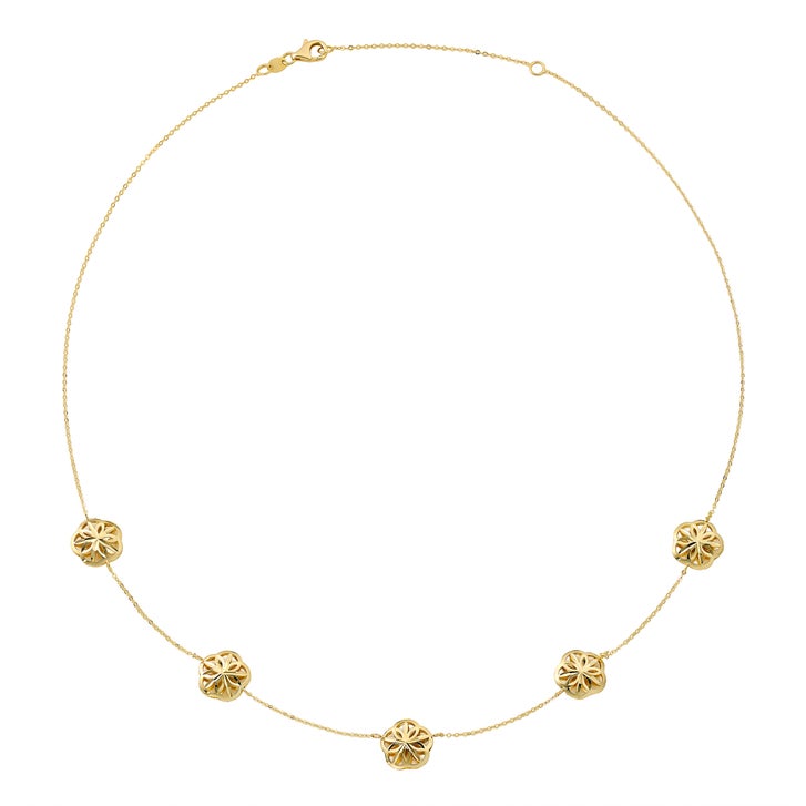 Diamond Cut Five Flower Station Necklace in Yellow Gold