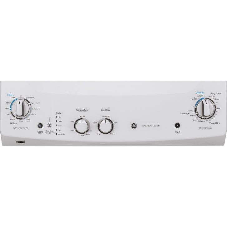 GE White 2.6 cu. ft. (I.E.C) Washer and 4.4 cu. ft. Dryer Gas Laundry Center