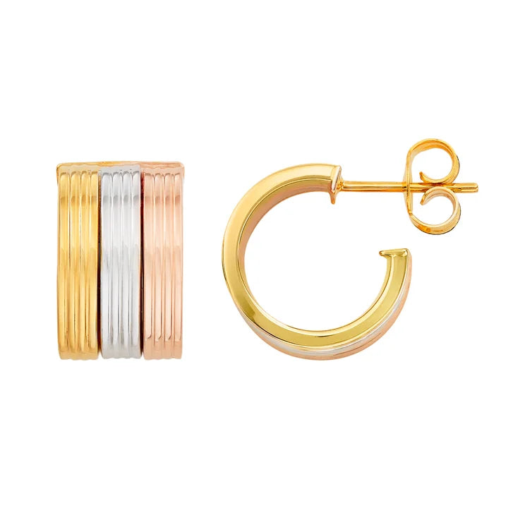 High Polish Triple Row Striped Design Earrings in Three-Tone Gold