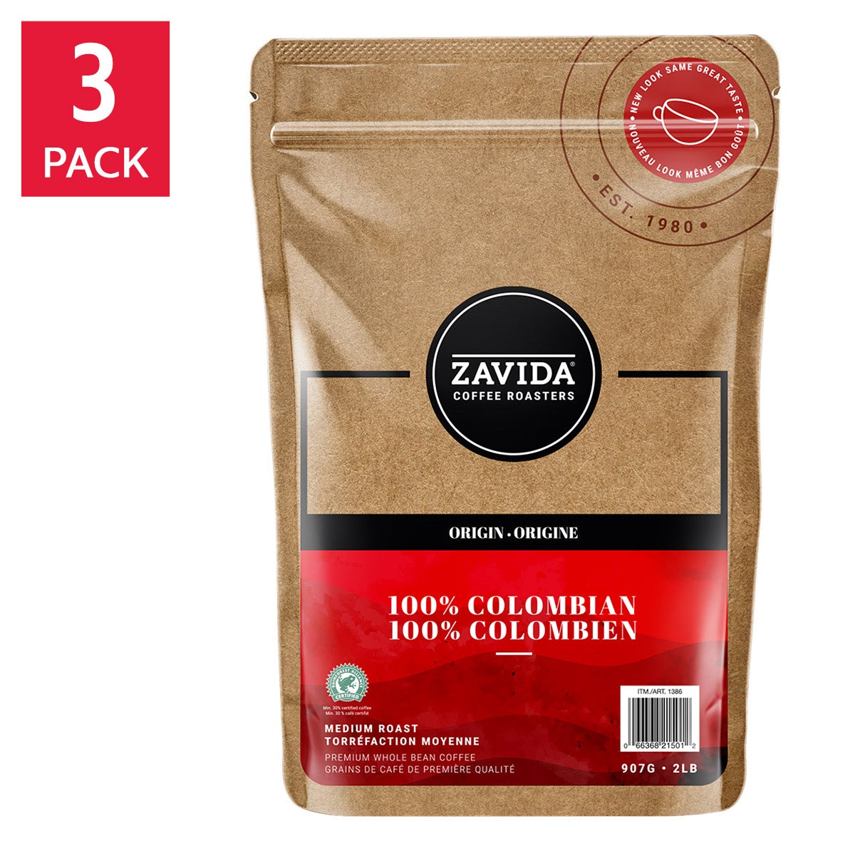 Zavida 100% Colombian Whole Bean Coffee, 3 x 907 g