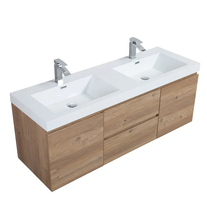 SERA CAPRI Textured Oak Finish Wall-Hung Vanity with Glossy White Polymarble Countertop