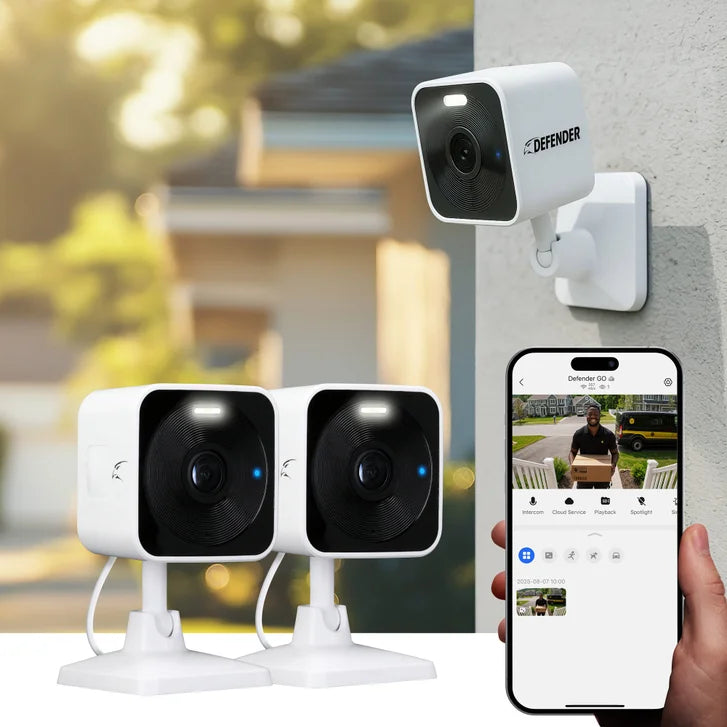 Defender GO 2K AI Powered Plug-in Indoor/Outdoor Wi-Fi Security Cameras, 2 pack