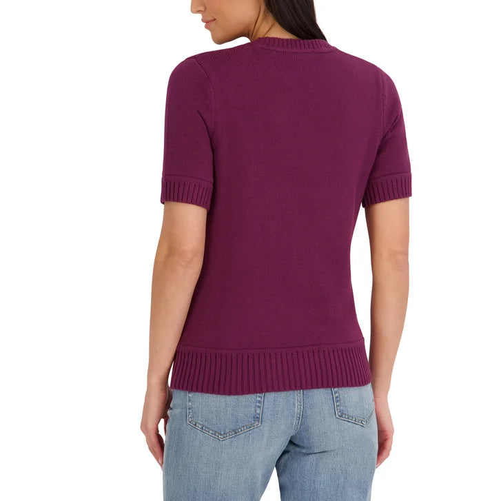 Halston Women's Short Sleeve Cotton Cable Sweater