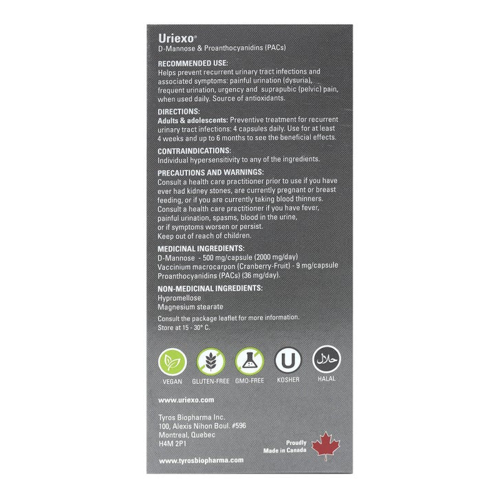 Uriexo Vegicaps – For Urinary Tract Infection (UTI), Antibiotic-Free, D-Mannose & Proanthocyanidins (PACs), 2 x 120 Vegicaps