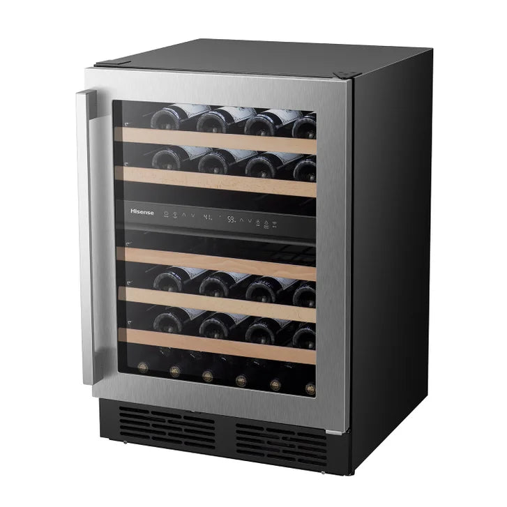 Hisense 23.4 in. 4.9 cu ft. 46 Bottle Stainless Steel Built-in or Freestanding Wine Cooler with Dual Zone and Wi-Fi Connectivity
