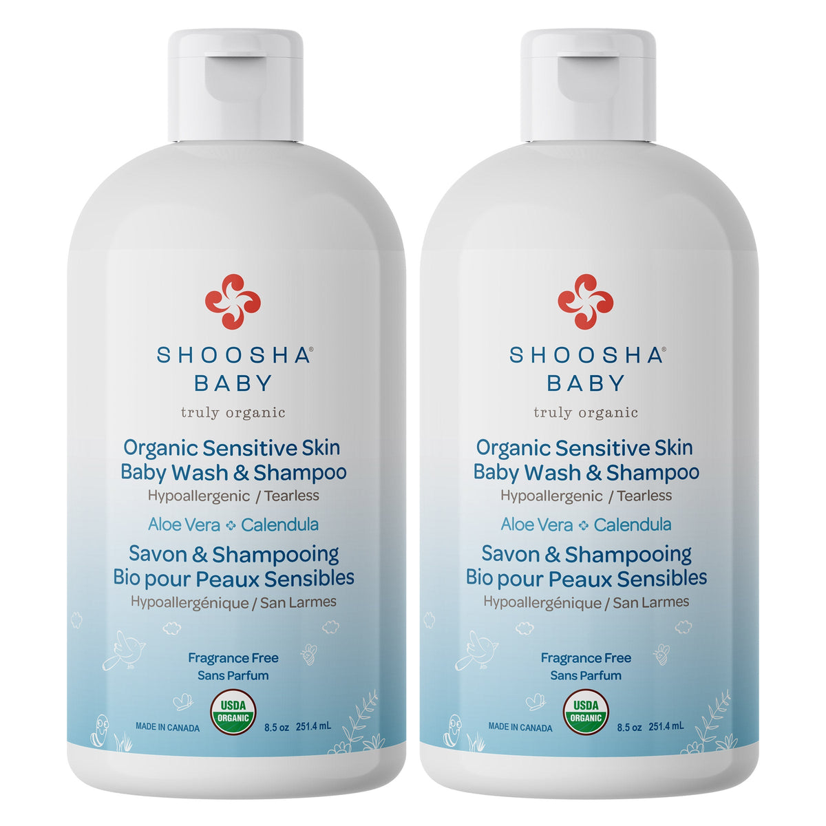 Shoosha Organic Sensitive Skin Baby Wash & Shampoo, 2 x 251.4 mL