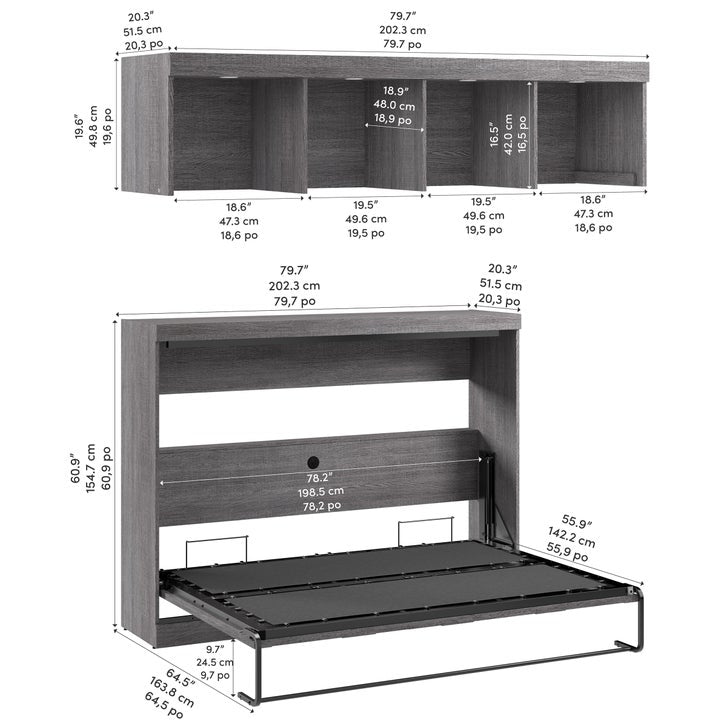Bestar Oasis Premium Horizontal Double Wall Bed with Overhead Storage