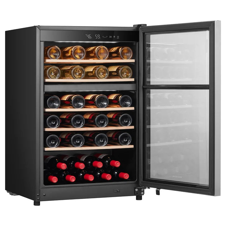 Frigidaire 22 in. Stainless Steel Freestanding 46 Bottle Dual Zone Wine Cooler with Reversible Door