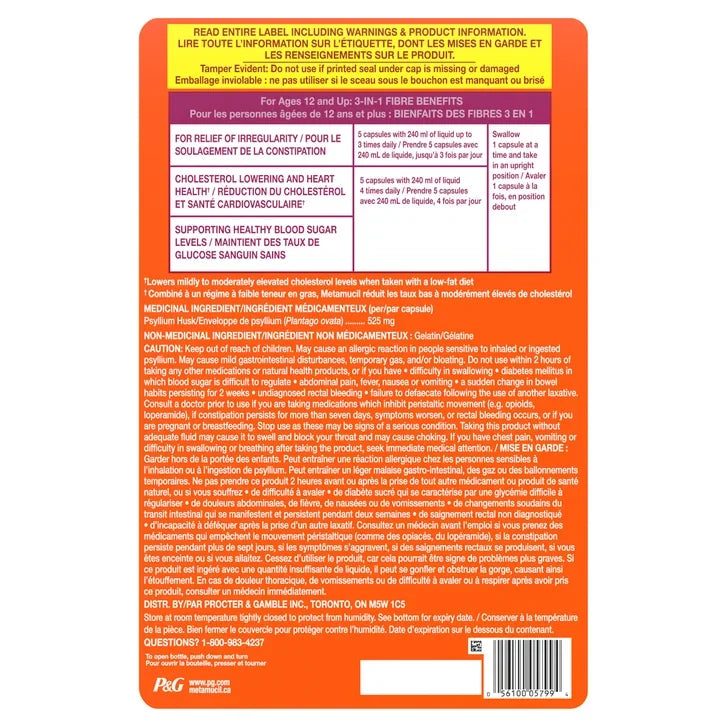 Metamucil 100% Natural Psyllium Husk Daily Fibre Supplement - 300 Capsules