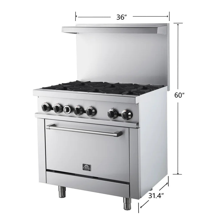 Forno 36 in. 4.65 cu ft. Stainless Steel Gas 6 Burners Commercial Range with Built-In Backsplash