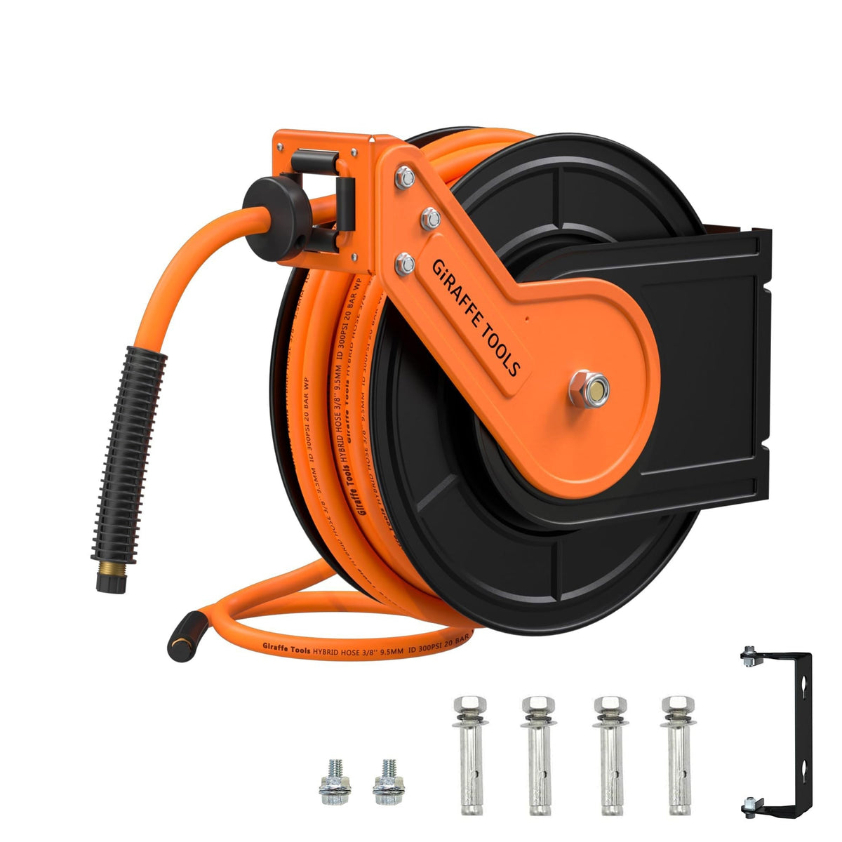 Giraffe Tools Retractable Air Hose Reel with Swivel Bracket and 3/8" x 50 ft (15.24 m) 300 PSI Hybrid Hose