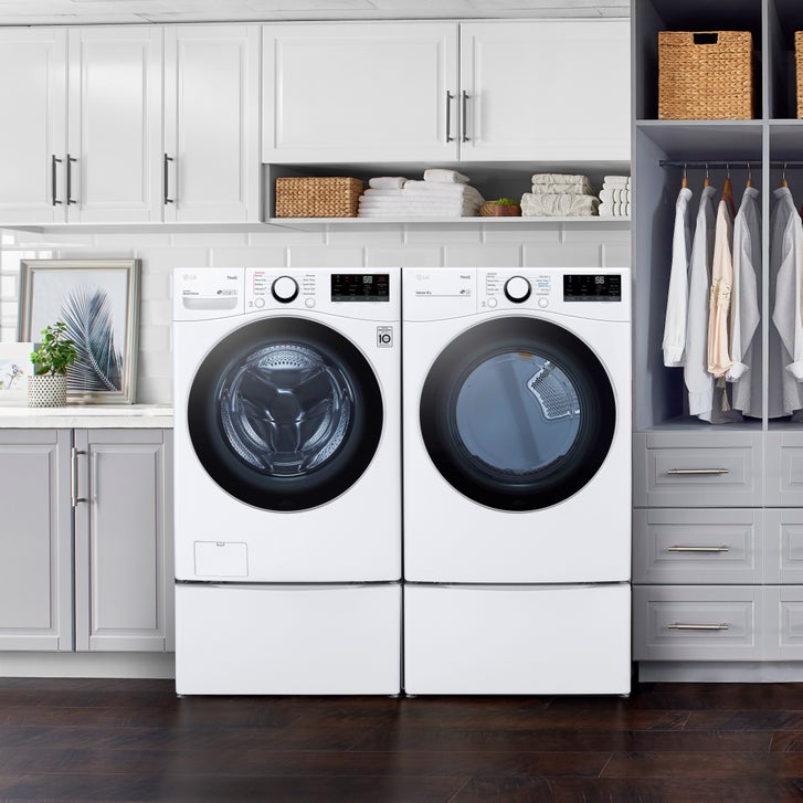 LG Laundry Bundle 5.2 cu ft. Front Load Washer and 7.4 cu ft. Gas Dryer with Laundry Pedestal