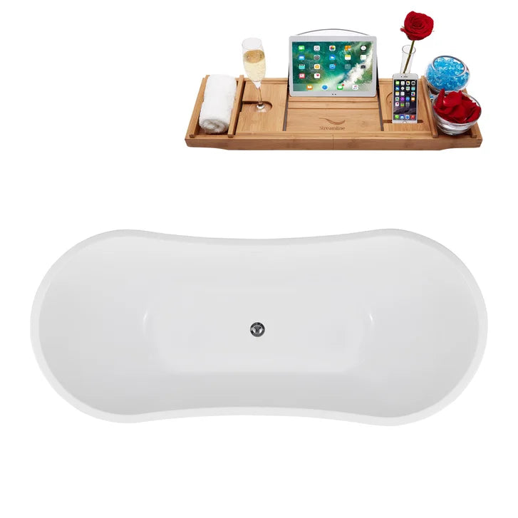 Streamline 71 in. Freestanding Bathtub with Expandable Bamboo Bathtub Caddy