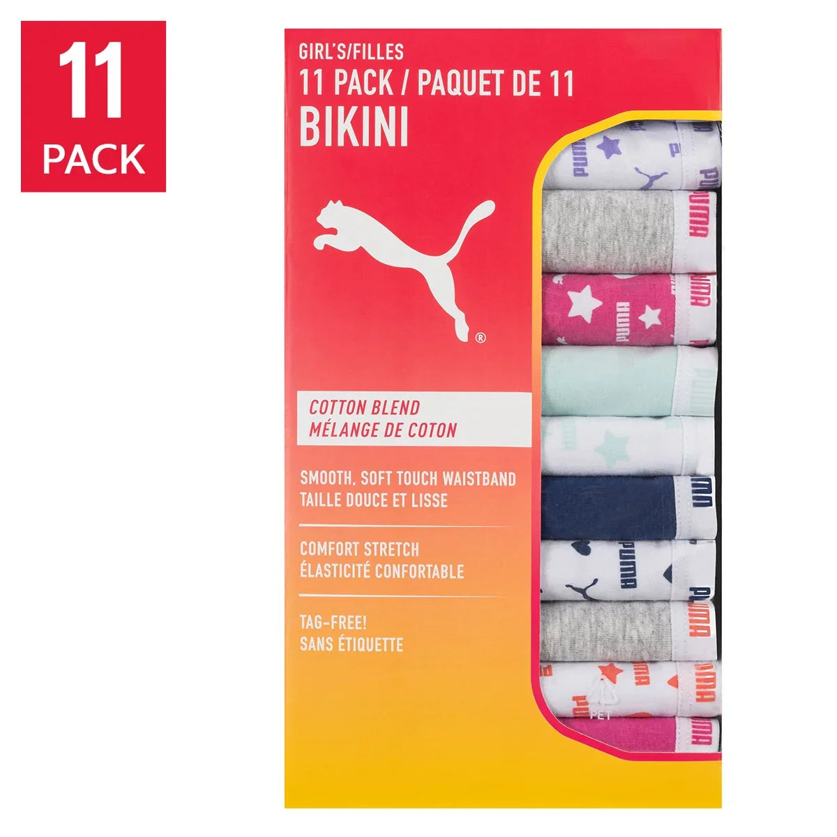 Puma Girls' Cotton Blend Bikini Underwear, 11-Pack
