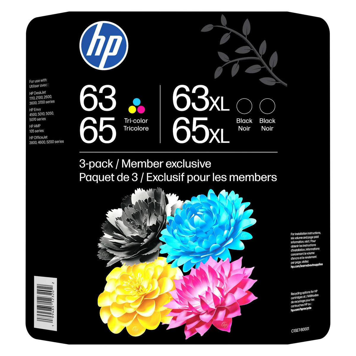 HP 63/65 Color/XL Black Original Ink Cartridge (C1SE7BN) Club Combo 3-pack