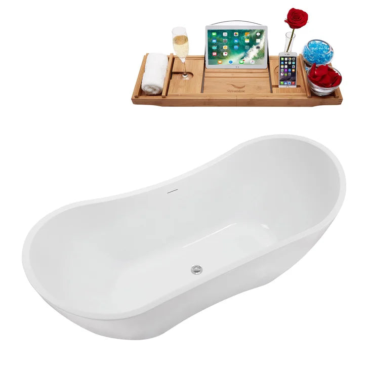 Streamline 71 in. Freestanding Bathtub with Expandable Bamboo Bathtub Caddy
