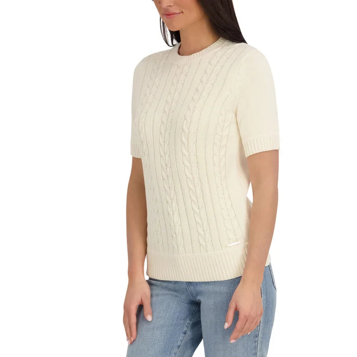 Halston Women's Short Sleeve Cotton Cable Sweater