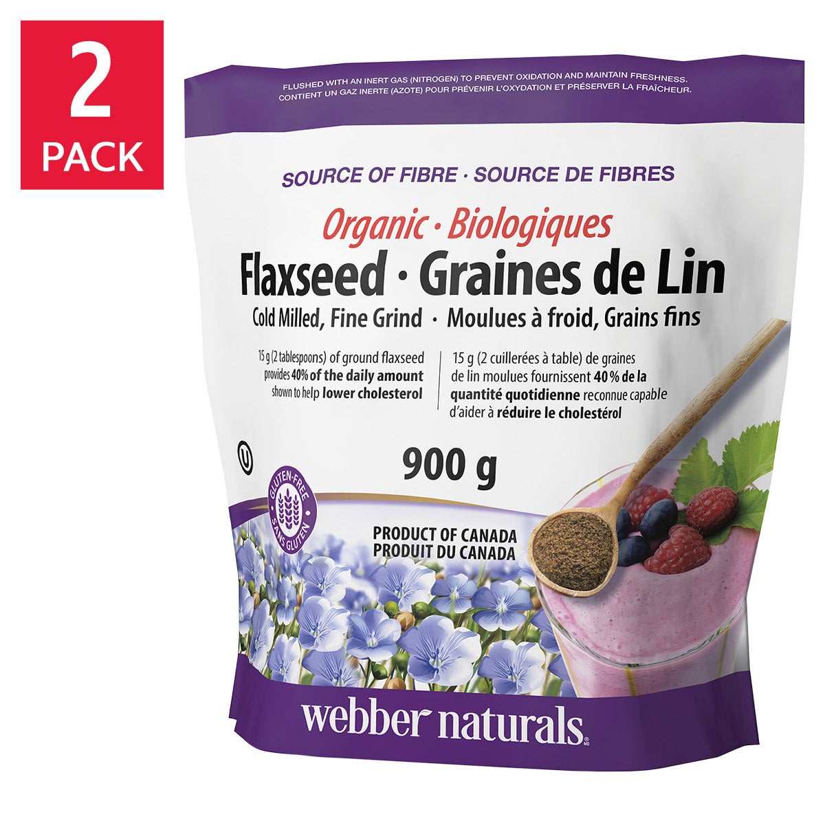 webber naturals Organic Ground Flaxseed, 900 g, 2-pack