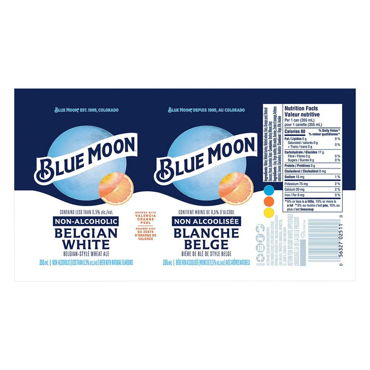 Blue Moon Non-Alcoholic Belgian White Style Wheat Ale, 355 mL 24-pack