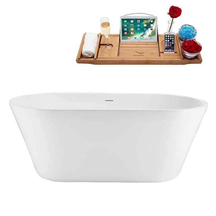 Streamline 59 in. Freestanding Bathtub with Expandable Bamboo Bathtub Caddy