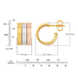 High Polish Triple Row Striped Design Earrings in Three-Tone Gold