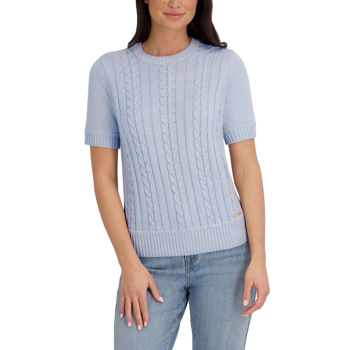 Halston Women's Short Sleeve Cotton Cable Sweater