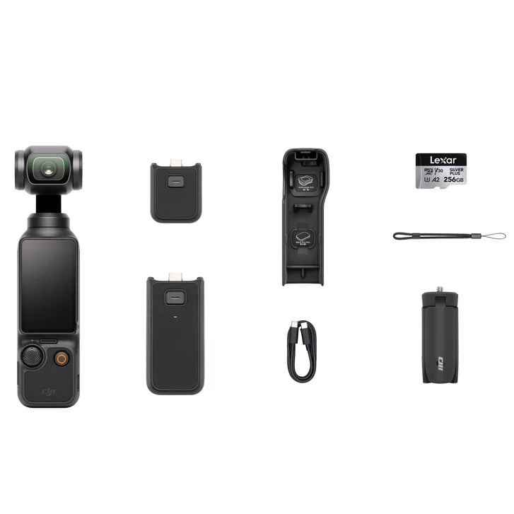 DJI Osmo Pocket 3 Action Camera Bundle with Lexar Silver Plus 256GB SD Card and Battery Handle