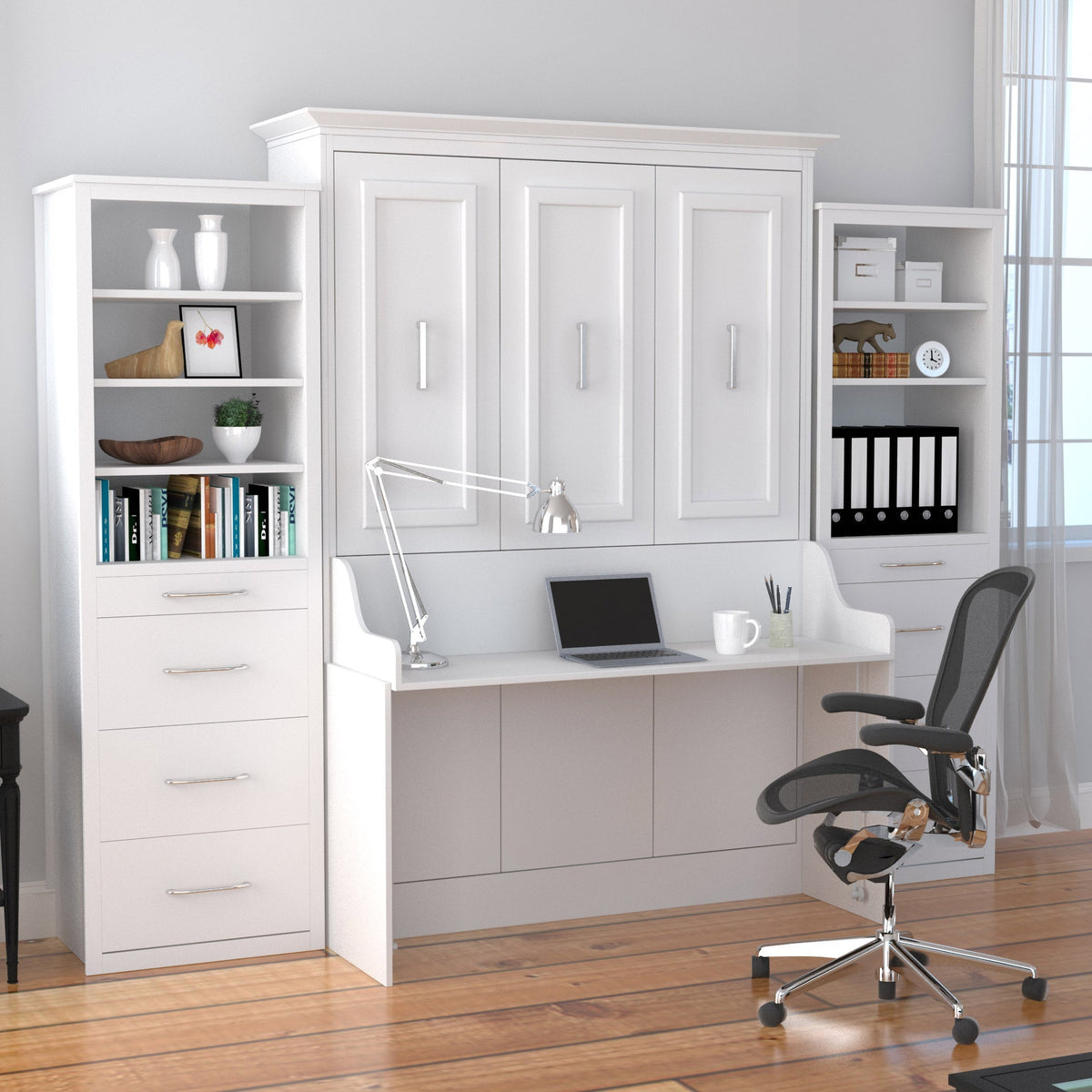 Bed & Room Porter Portrait Wall Bed with Desk and Two Side Towers, Double