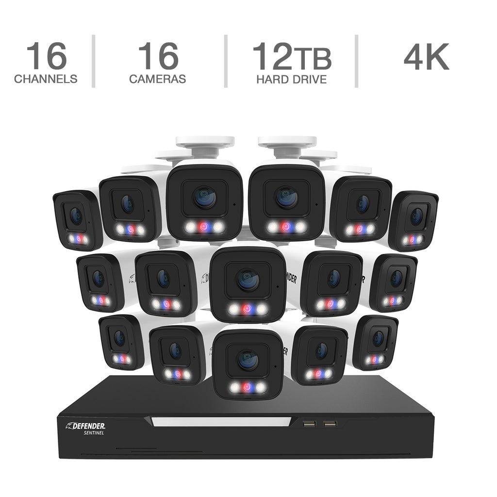 Defender AI POWERED Sentinel 4K Ultra HD Wired 16 Channel PoE NVR Security System with 16 Metal Cameras with 12 TB HDD