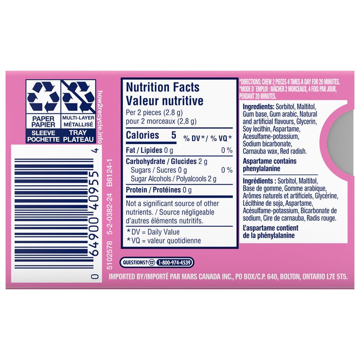 Excel White Sugar-free Bubblemint Gum, 12 × 12 pieces
