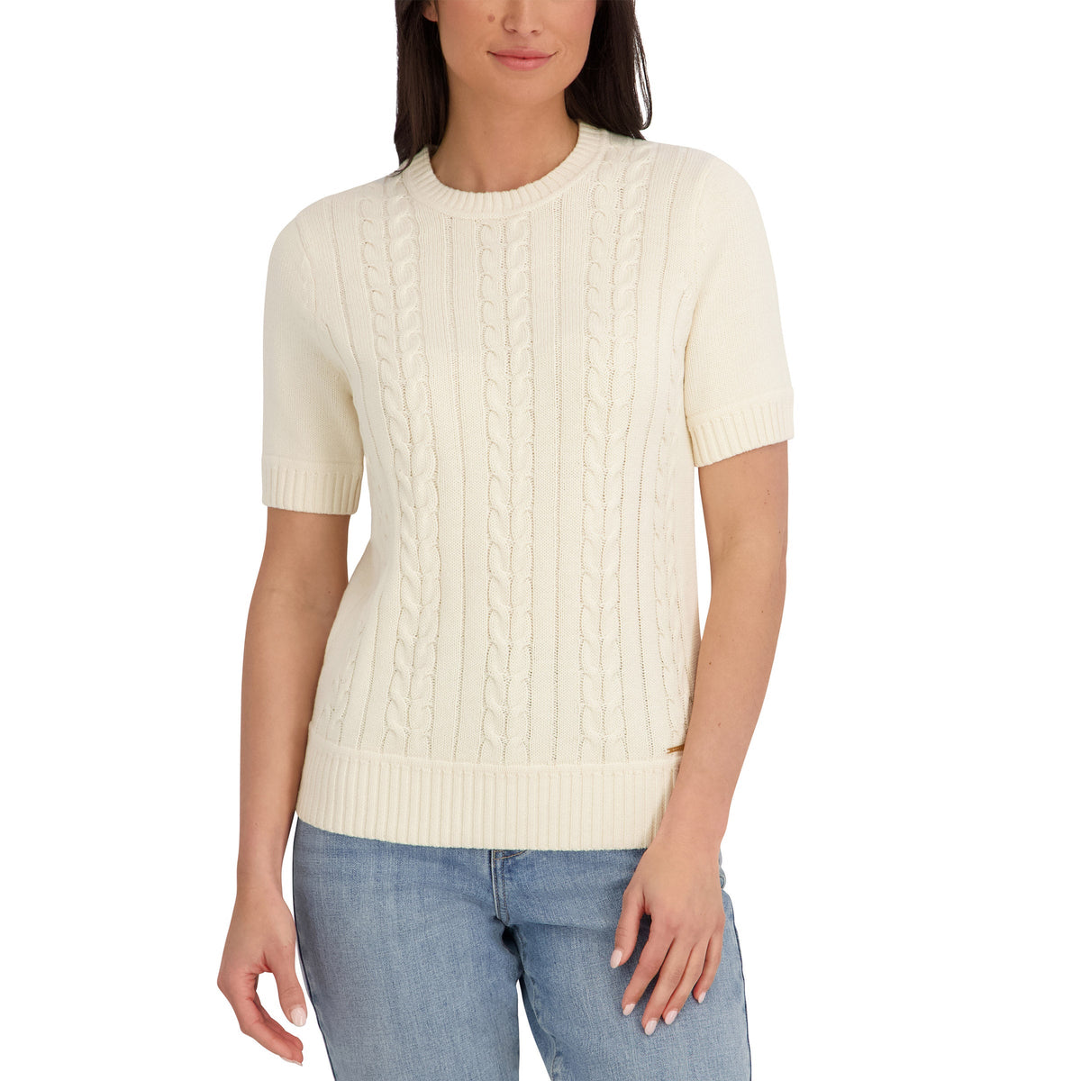 Halston Women's Short Sleeve Cotton Cable Sweater