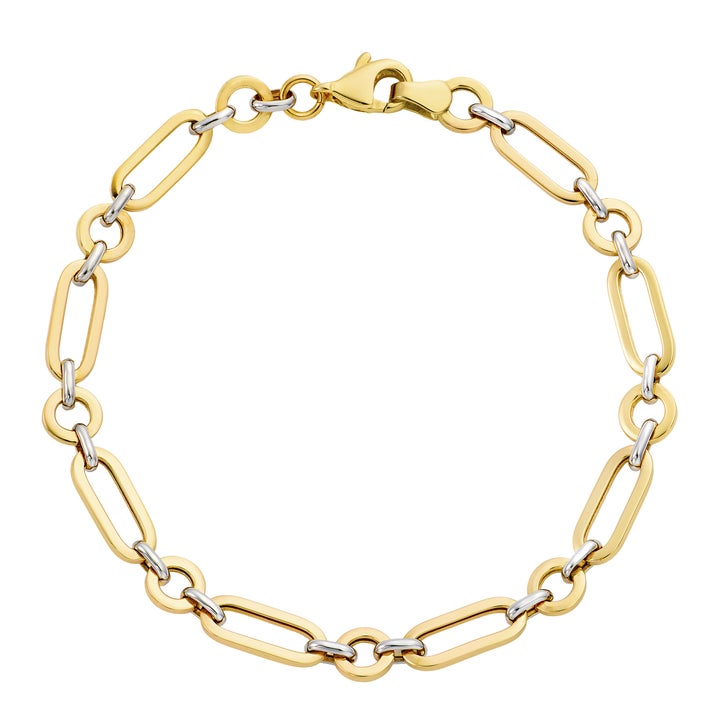 High Polish Alternating Circle and Paperclip Link Bracelet in Two-Tone Gold