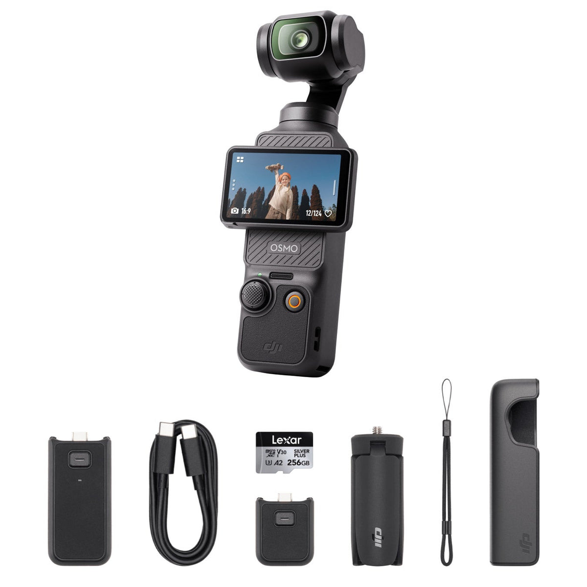 DJI Osmo Pocket 3 Action Camera Bundle with Lexar Silver Plus 256GB SD Card and Battery Handle
