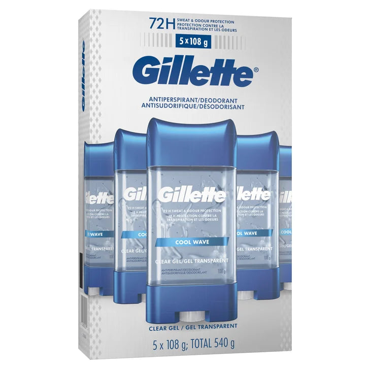Gillette Antiperspirant Deodorant, Clear Gel, Cool Wave, 5 X 108 g