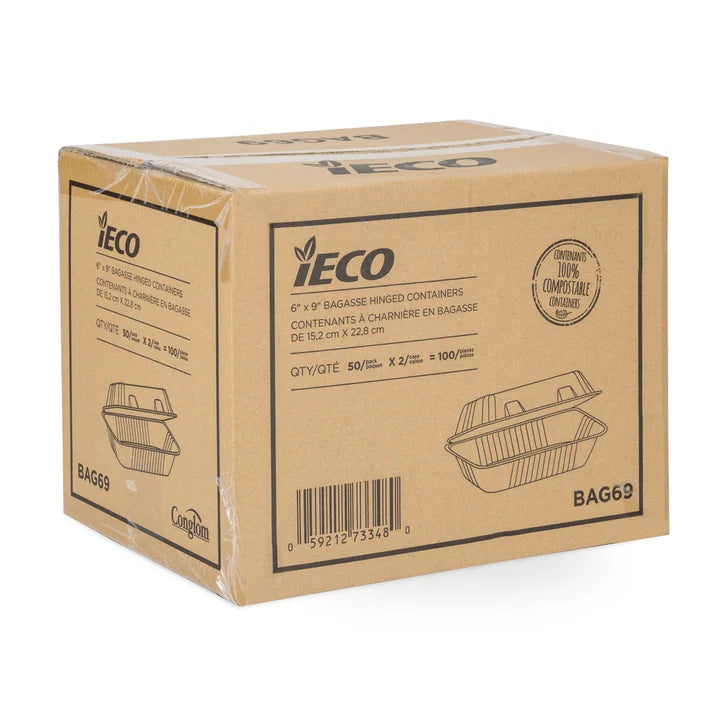 iEco 6” x 9” Hinged Bagasse Containers 100-pack
