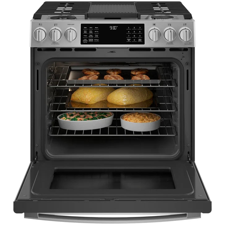 GE Profile 30 in. 5.7 cu.ft. Stainless Steel Slide In Dual Fuel Range with No Preheat Air Fry