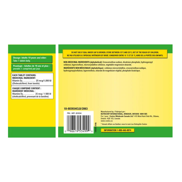 Kirkland Signature Vitamin D3 1,000 IU, 2 x 360 Tablets