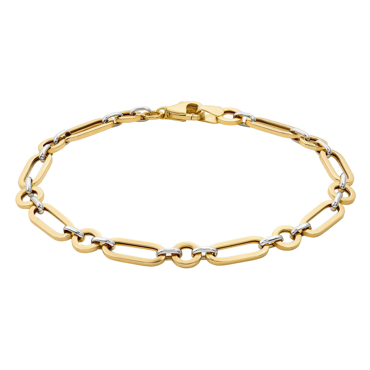High Polish Alternating Circle and Paperclip Link Bracelet in Two-Tone Gold