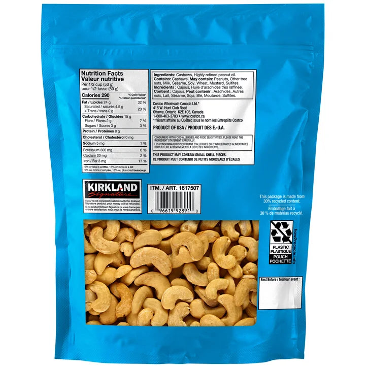 Kirkland Signature Roasted Whole Unsalted Cashews, 1.13 kg