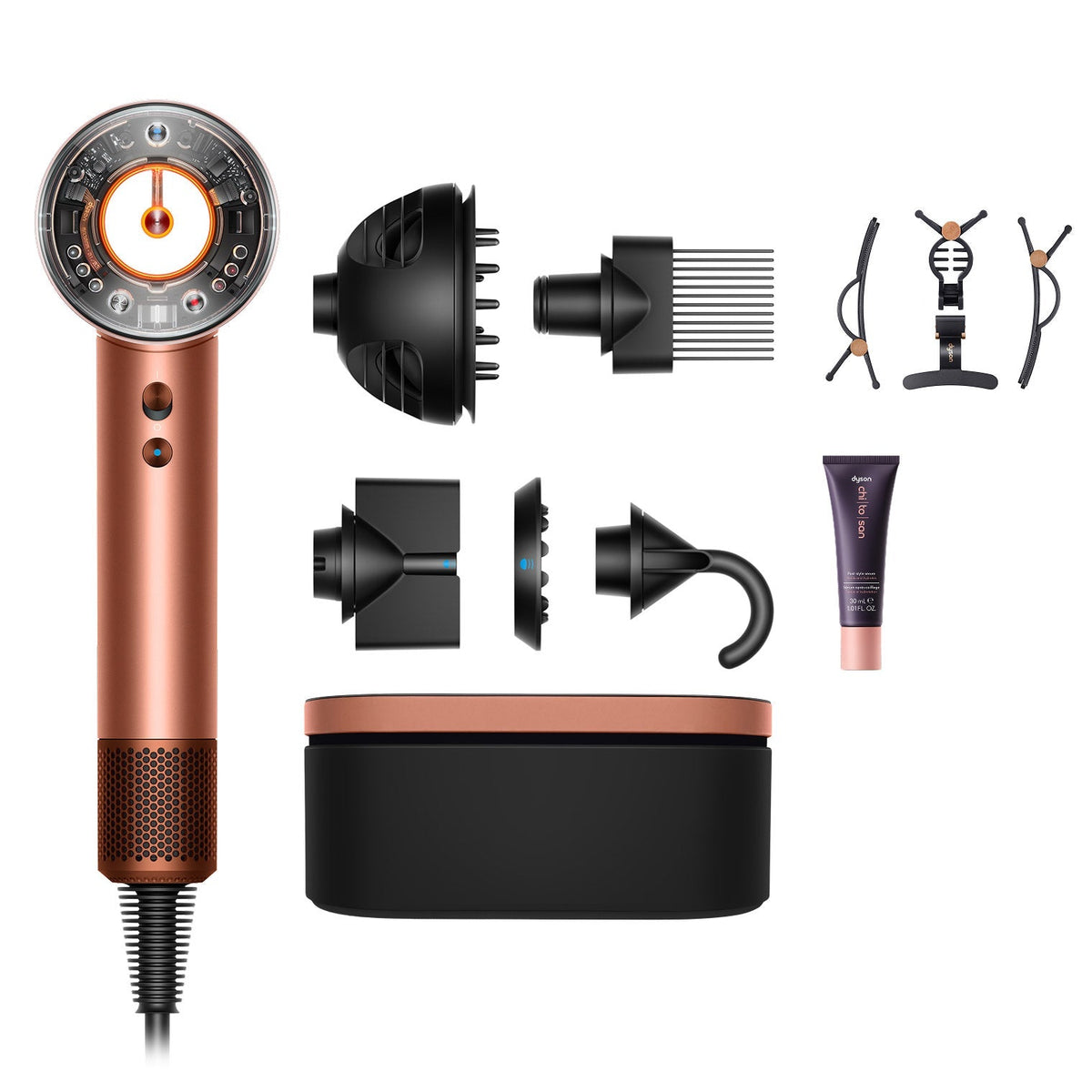Dyson Supersonic Nural Hair Dryer with Travel Size Chitosan Post Style Serum (30 ml) and Styling Clips